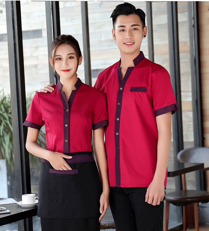 F6203003 เสื้อพนักงานต้อนรับ เสื้อพนักงานเสริฟ เสื้อพนักงานโรงแรม เสื้อพนักงานร้านอาหาร ดำ แดง เขียว L-3XL F6203003 เสื้อ+ ผ้ากันเปื้อนตามรูป