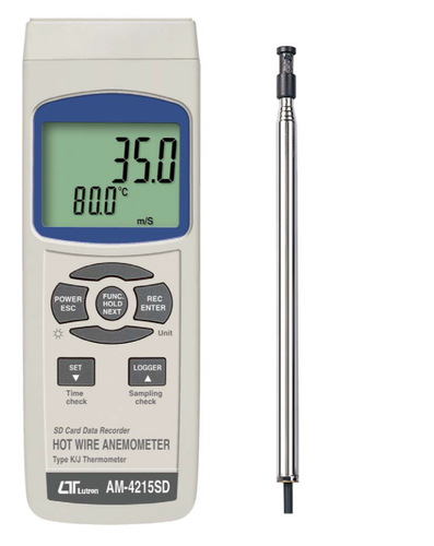 Lutron รุ่นAM-4215SDเครื่องวัดและบันทึกค่าข้อมูลความเร็วลม,Hot wire anemometer w/type K/J temperature,meas.range:0.2～25.0m/s