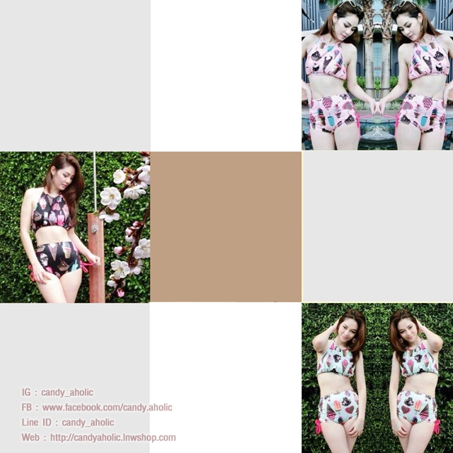 (Size S,M) ชุดว่ายน้ำทูพีช ผูกหลักผูกคอ บราลายไอศครีมพื้นดำ กางเกงเอวสูงมีเชือกถักด้านข้าง