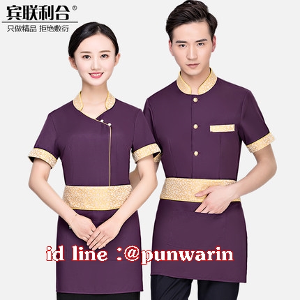 เสื้อฟอร์มพนักงานเครื่องแบบชุดฟอร์มพนักงานร้านอาหารกาแฟโรงแรม แขนสั้นผ้าฝ้ายกระดุมหน้า แดง ดำ ม่วง M-3XL F6211001 เสื้อ+ผ้ากันเปื้อน