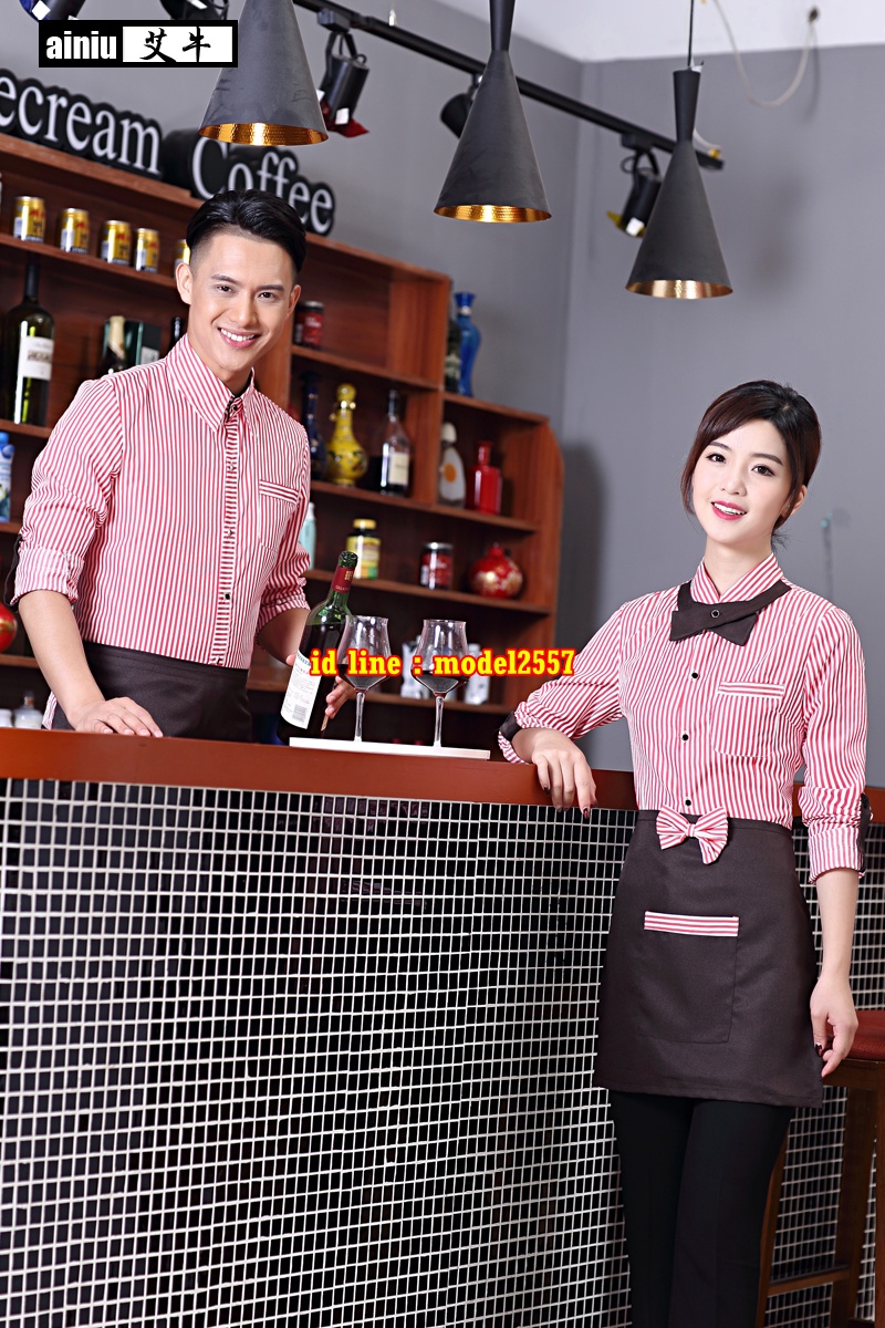 F6109007 เสื้อพนักงานต้อนรับพนักงานเสริฟเสื้อพนักงานโรงแรมนรีสอร์ทเสื้อเชิ้ตลายทางแขนยาว น้ำตาล ฟ้า ส้ม ม่วง L-3XL F6109007 ตัว