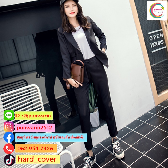 เสื้อชุดสูทผู้หญิงสีขาวแขนยาวสาวทำงานแฟชั่นเกาหลี ขาว ดำ S-2XL SK6411003 ชุด