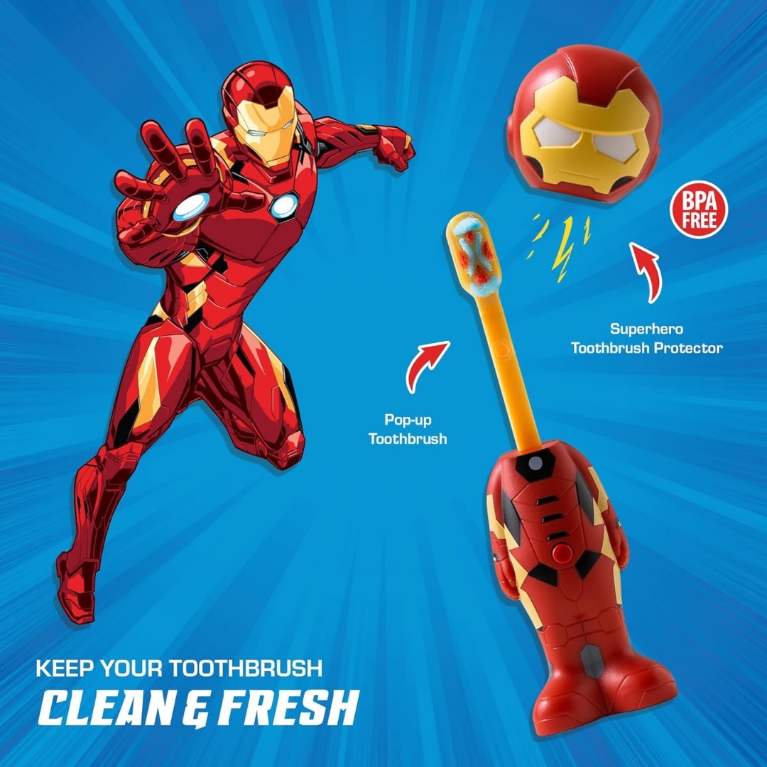นำเข้า 🇺🇸 ✨แปรงฟันให้สนุกสนานด้วยแปรงสีฟัน Brush Buddies Marvel Iron Man Poppin’ Toothbrush’ขนนุ่มพิเศษ ราคา 690 บาท