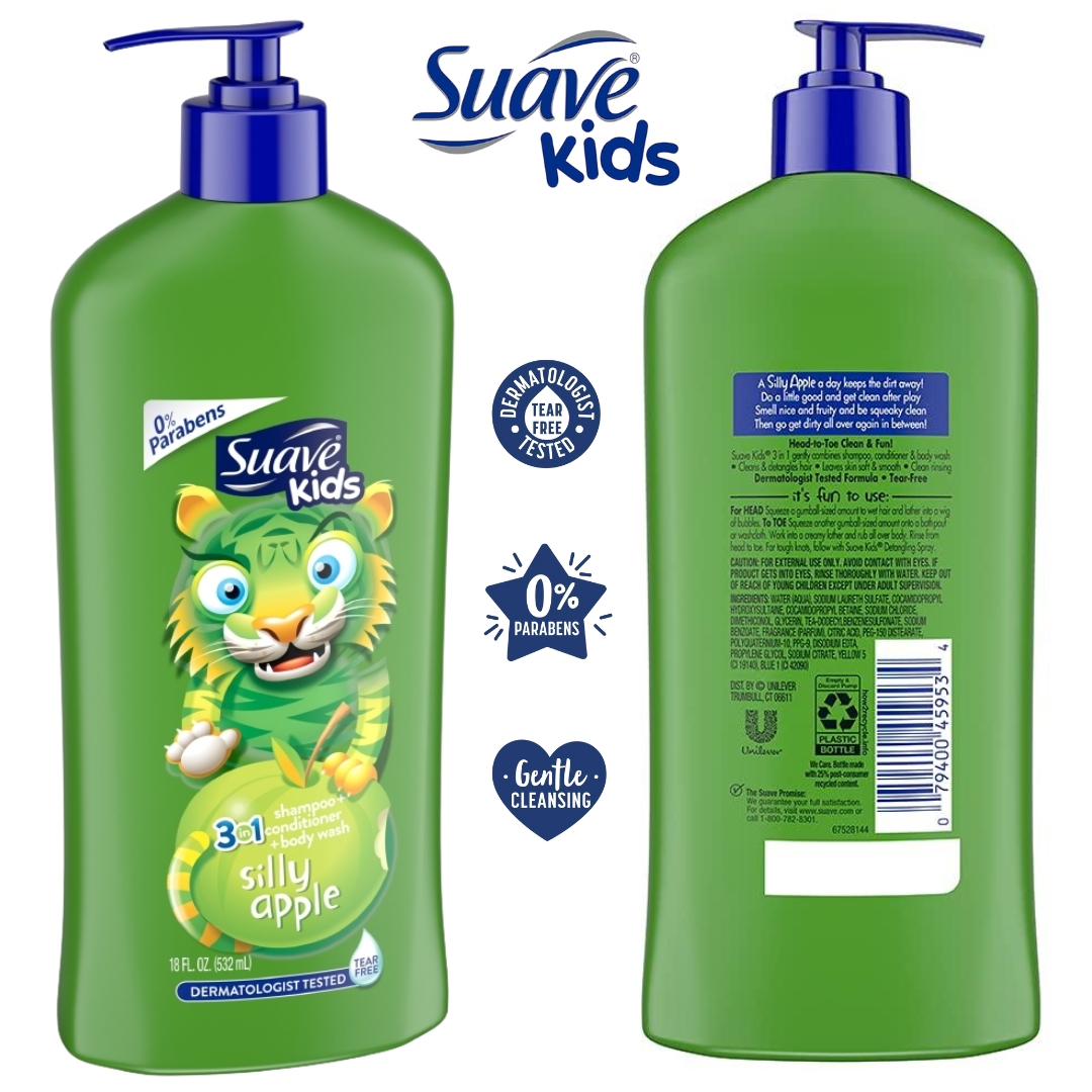 นำเข้า 🇺🇸 รุ่นใหม่ ✨🍏 Suave Kids 3-in-1 Silly Apple 🍏แชมพู + ครีมนวด + ครีมอาบน้ำ ในขวดเดียว ขนาด 18 oz ราคา 350 บาท / ขวด ** สินค้ายังไม่รวมค่าส่งนะคะ **