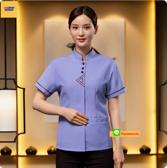 เสื้อพนักงานโรงแรม เสื้อแม่บ้าน ชุดพนักงานทำความสะอาด เบจ และฟ้า L-4XL D6103005 ตัว