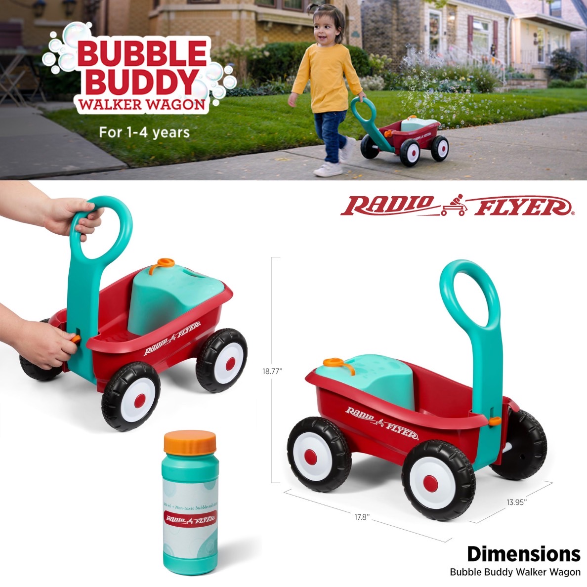 ใหม่ล่าสุด✨นำเข้าเองจาก🇺🇸 ของแท้ 💯Radio Flyer Bubble Buddy Walker Wagon, เครื่องทำฟองสบู่สำหรับเด็ก,รถหัดเดินเด็กสีแดงพร้อมล้อสำหรับอายุ 1-4 ปี ราคา 2690 บาท