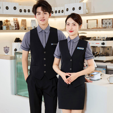 เสื้อฟอร์มพนักงานร้านอาหารกาแฟโรงแรม แขนสั้น เทา ขาว L-5XL F6705016 เสื้อ+กั๊ก ** ขั้นต่ำ 2 ตัว