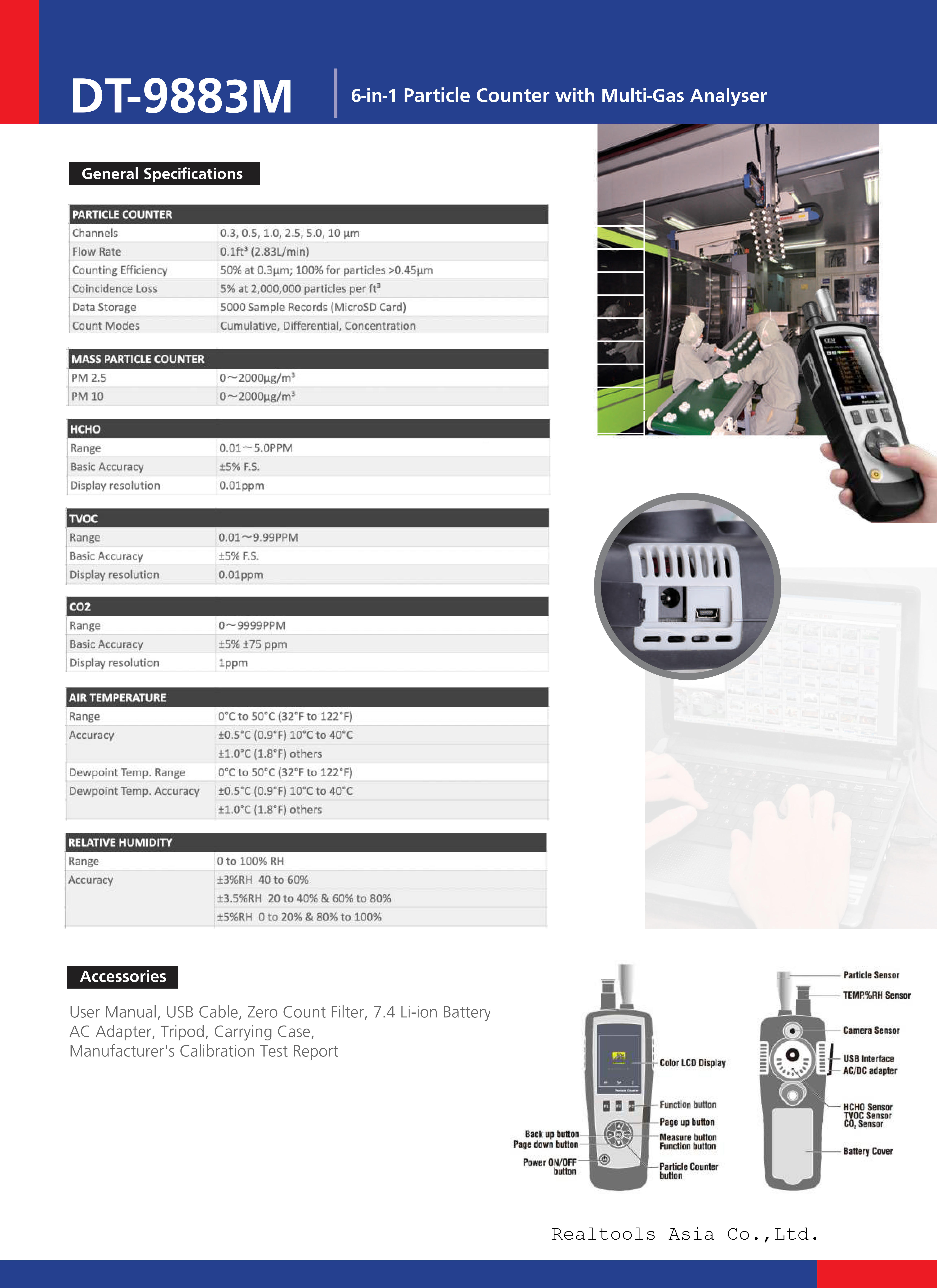 CEM รหัส DT-9883M เครื่องวัดปริมาณฝุ่นในอากาศ,Air Particle Counter(6-in-1)with multiple gas detector