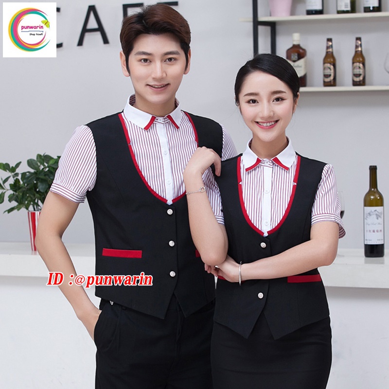 เสื้อฟอร์มพนักงานร้านอาหารกาแฟโรงแรม แขนสั้นผูกโบว์ไทด์ สำเนา แดง ดำ L,XL,XXL,3XL F6404002 เสื้อ+กันเปื้อน