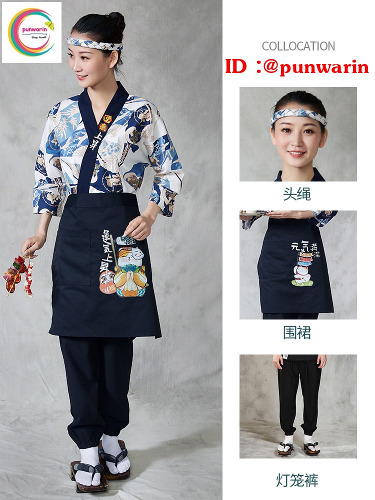 ชุดผ้าฝ้ายซูชิกิโมโนสไตร์ญี่ปุ่น สำหรับห้องอาหารญี่ปุ่นเกาหลี เสื้อพนักงานต้อนรับ สีภาพ S M L XL XXL F6402002 เสื้อตัวเดียว
