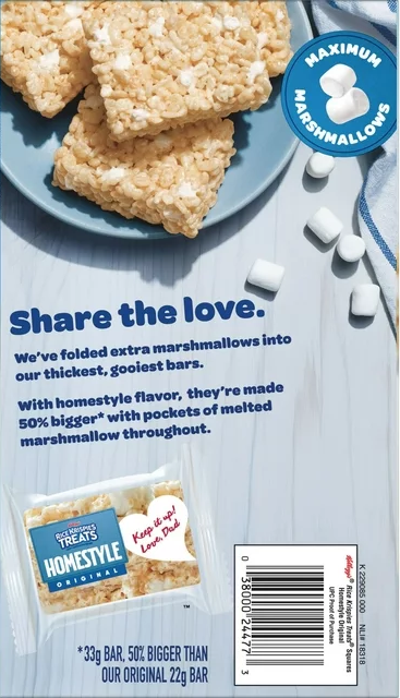 มาร์ชเมลโลว์ชิ้นจำโบ้ Rice Krispies Treats Homestyle Original Chewy Marshmallow Snack Bars, Shelf-Stable, 13.96 oz , 12ชิ้นใหญ่ ราคา 450 บาท
