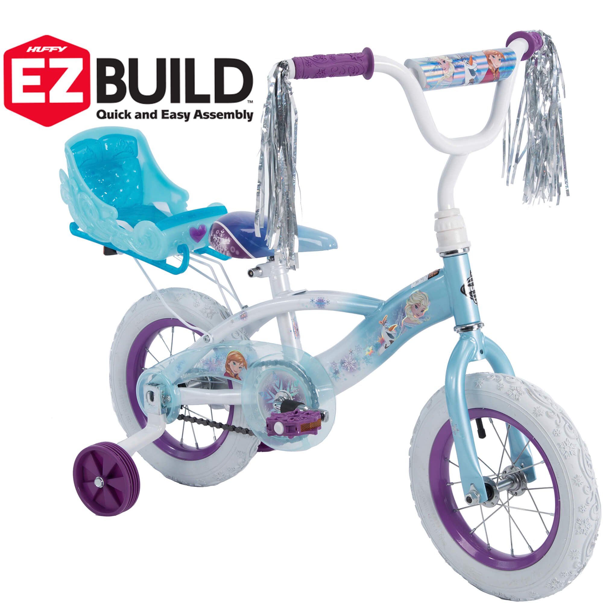 จักรยานเด็กลายเจ้าหญิงดิสนี่ย์ โฟรเซ่น Disney Frozen 12" Girls Bike with Doll Carrier by Huffy (สินค้านำเข้า USA) ขนาดล้อ 12 นิ้ว ยี่ห้อ Huffy สำหรับเด็ก 3-5 ขวบ