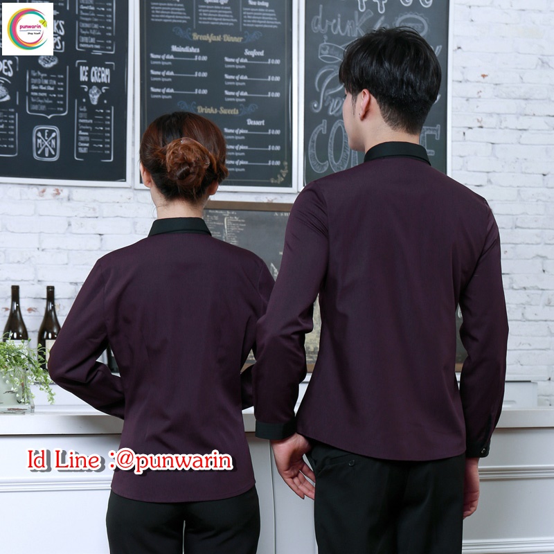 เสื้อพนักงานต้อนรับพนักงานเสริฟเสื้อพนักงานโรงแรมนรีสอร์ทเสื้อเชิ๊ตคอปก เทา ม่วง M-3XL F6309001 เสื้อ แถมเปื้อนลายทาง