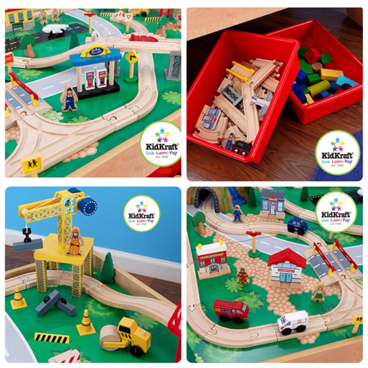 KidKraft Wooden Train Table with 3 Bins and 120-Piece Waterfall Mountain Train Set โต๊ะกิจกรรมจำลองเมืองรถไฟขนาดใหญ่