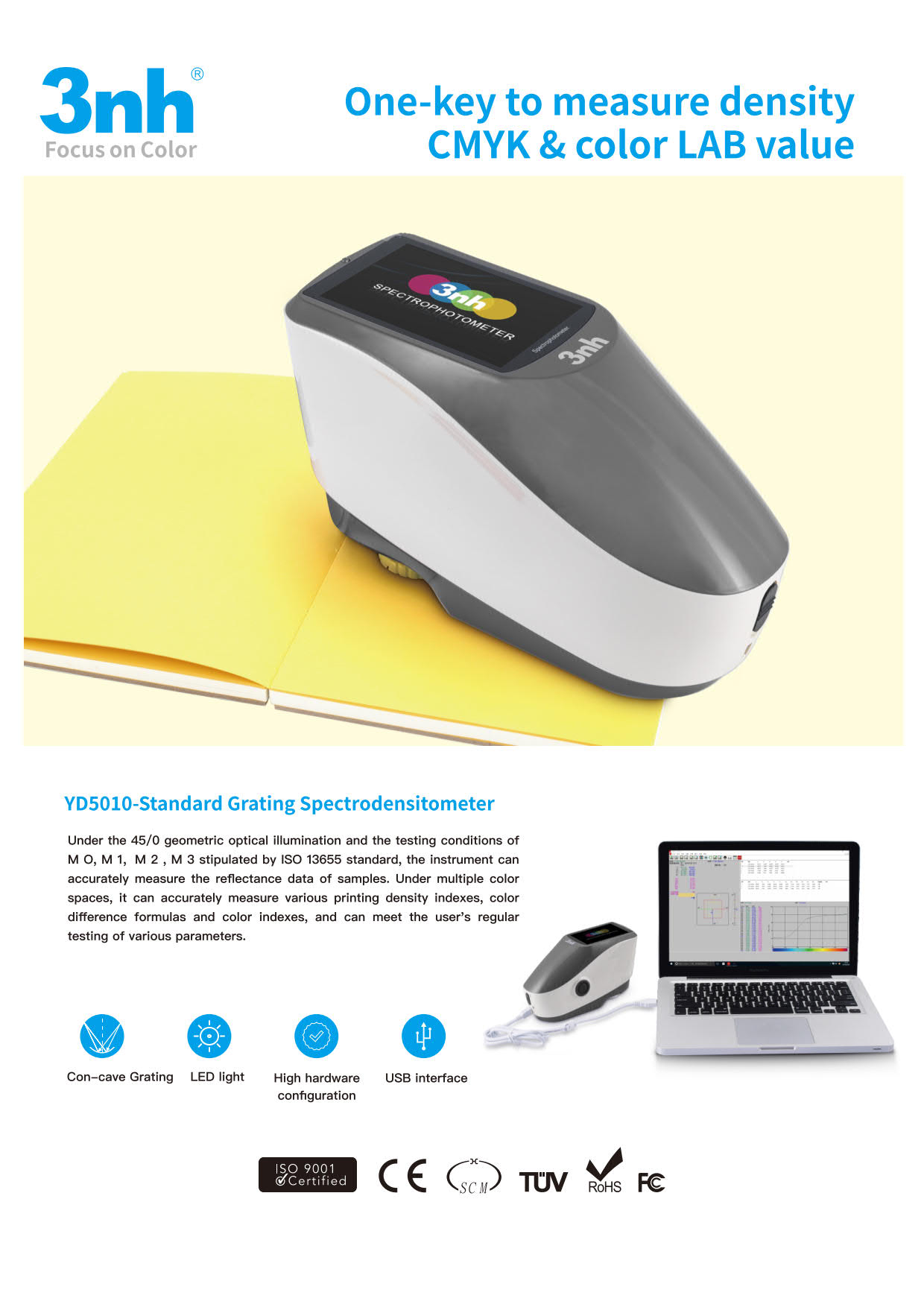 3nh รุ่นYD-4510เครื่องวัดสีสเปกโตรโฟโตมิเตอร์รุ่นเบสิค(YD-Series)Portable Spectrocolorimeter/Geometry:45/0,Density:CMYK(Wavelength Range:400~700nm)