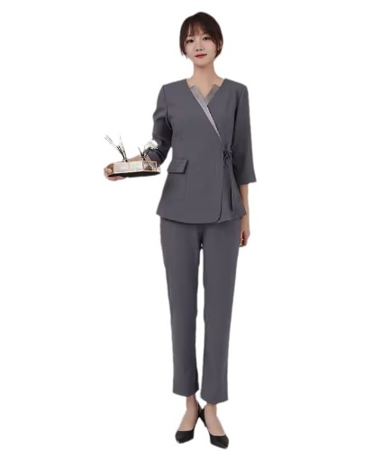 ชุดพนักงานนวดสปา ชุดพนักงานเสริมสวย ชุดทำงาน ชุดสูท แขนยาว เทา S-5XL S6701002 ชุด