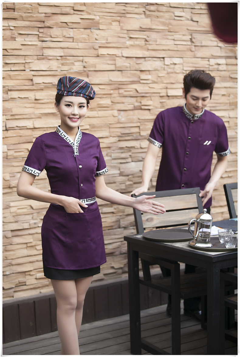 F5906006 เครื่องแบบชุดฟอร์มพนักงานร้านอาหารกาแฟโรงแรม แขนสั้นผ้าฝ้ายกระดุมหน้า (พรีออเดอร์) รอสินค้า 3 อาทิตย์หลังโอน F5906006 ตัว