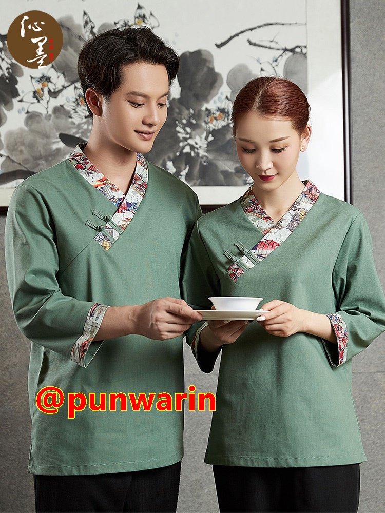 สไตล์จีน Hanfu บริกรชายและหญิงโดยรวมแขนสามในสี่ร้านอาหารจัดเลี้ยงร้านอาหารหม้อไฟสี่ฤดู สีภาพ S-3XL G6209007 เสื้อตัวเดียว