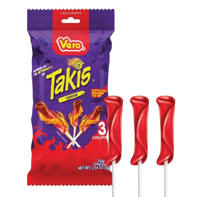 ขนมนำเข้า ยอดฮิต🇺🇸 Vero Takis Chamoy Artificially Flavored Lollipop with Chili Pepper Powder - อมยิ้ม อมยิ้มรสเค็มเผ็ดเปรี้ยวหวานครบรส ถุงละ 3 แท่ง 2.54 oz. ราคา 175 บาท