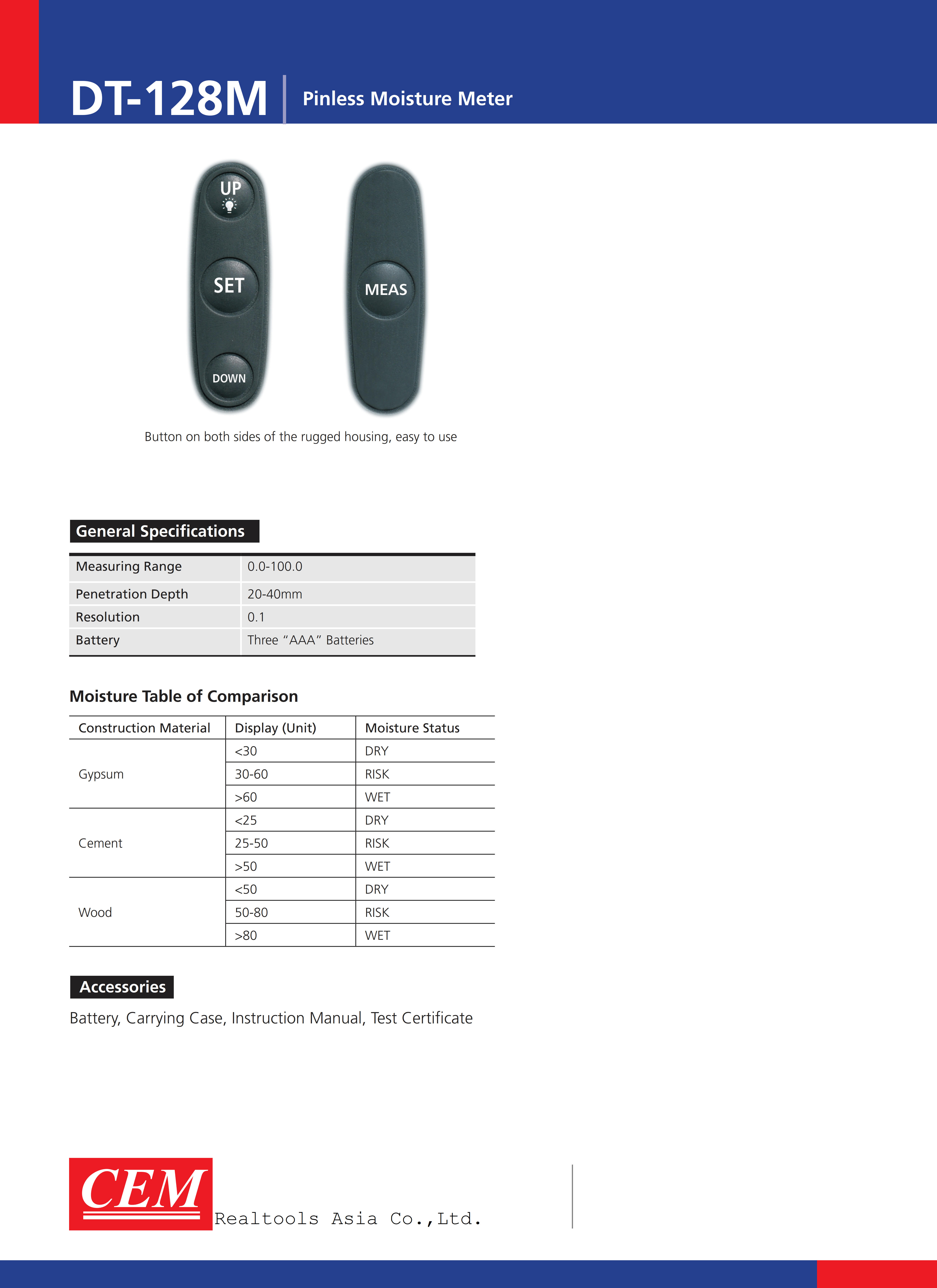 CEM รุ่นDT-128Mเครื่องวัดความชื้นของวัสดุก่อสร้าง,Pinless(non-contact/type)moisture meter,meas.range:0.0~100.0digit.