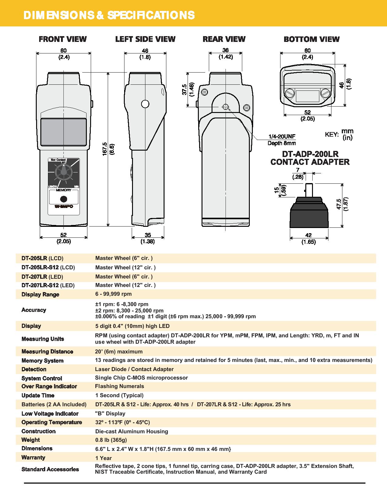 NidecShimpo รุ่นDT-205LR-S12เครื่องวัดวามเร็วขนาดล้อหมุน12นิ้ว,รอบHandheld Contact/Non-Contact LCD Tachometer LCD Display.