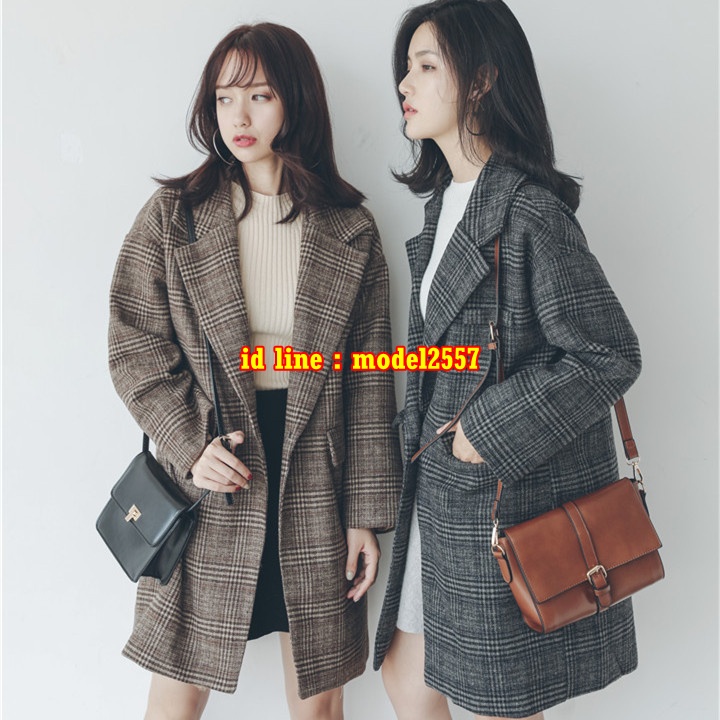 CW6110006 เสื้อโค้ทผ้าฝ้ายผสมขนสัตว์สีดำและน้ำตาลลายสก็อตฤดูหนาวปกเชิ้ต น้ำตาล ดำ S M L CW6110006 ตัว