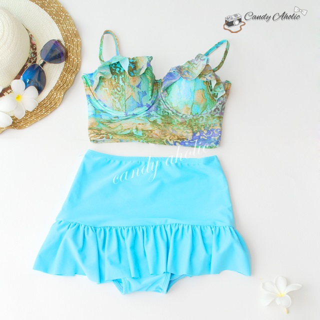 (free size) ชุดว่ายน้ำ ทูพีช บราแบบใหม่มาพร้อมโครงเหล็กช่วยให้กระชับและดันทรง ลายสีทองฟ้าเขียว ชุดว่ายน้ำ-corset03