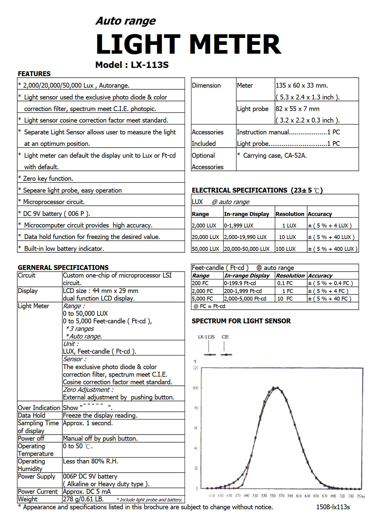 Lutron รหัส LX-113S เครื่องวัดแสง,Auto-range light meter,lux&foot candles,3 ranges