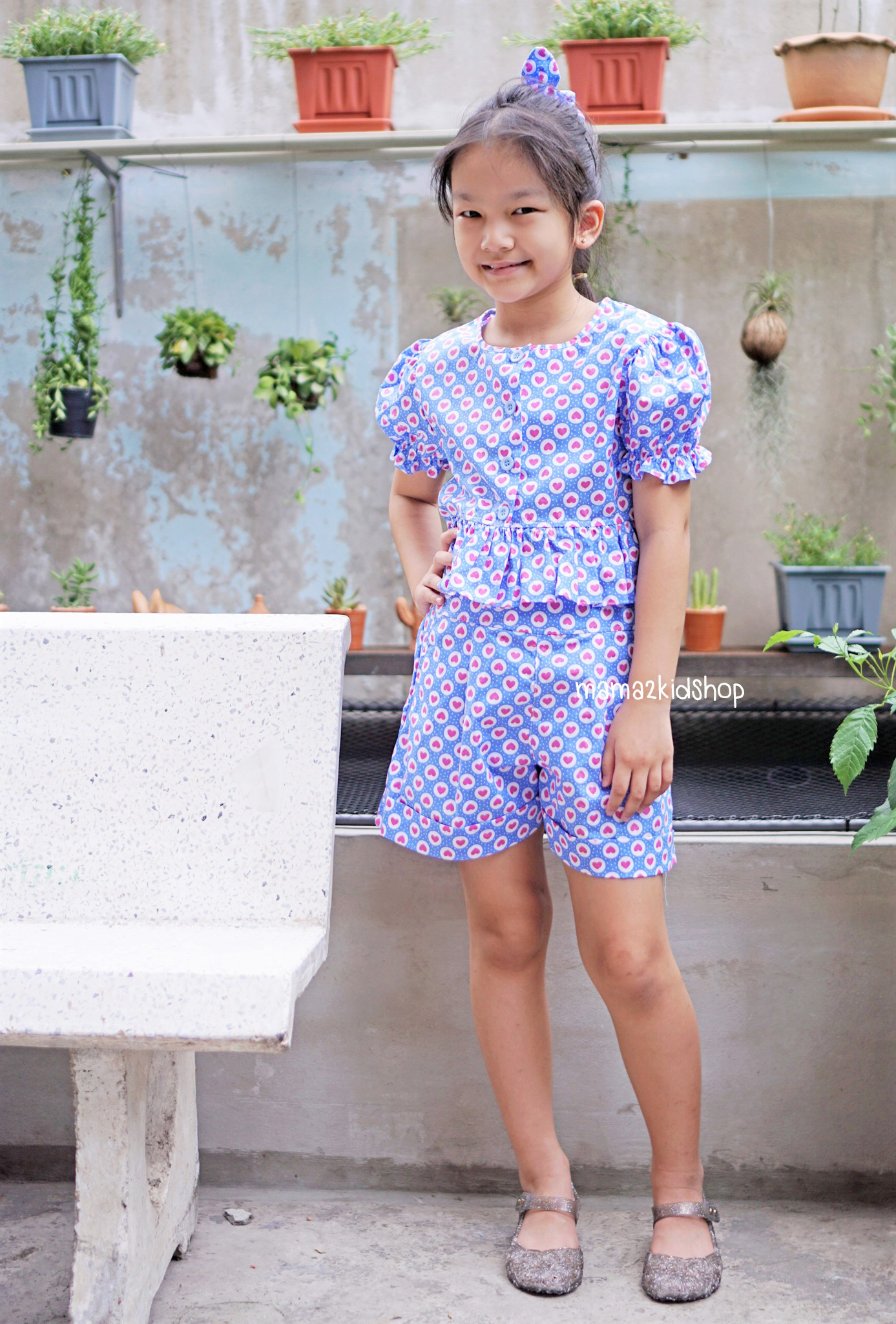 ชุดเซตเสื้อ+กางเกงลายหัวใจสีฟ้า