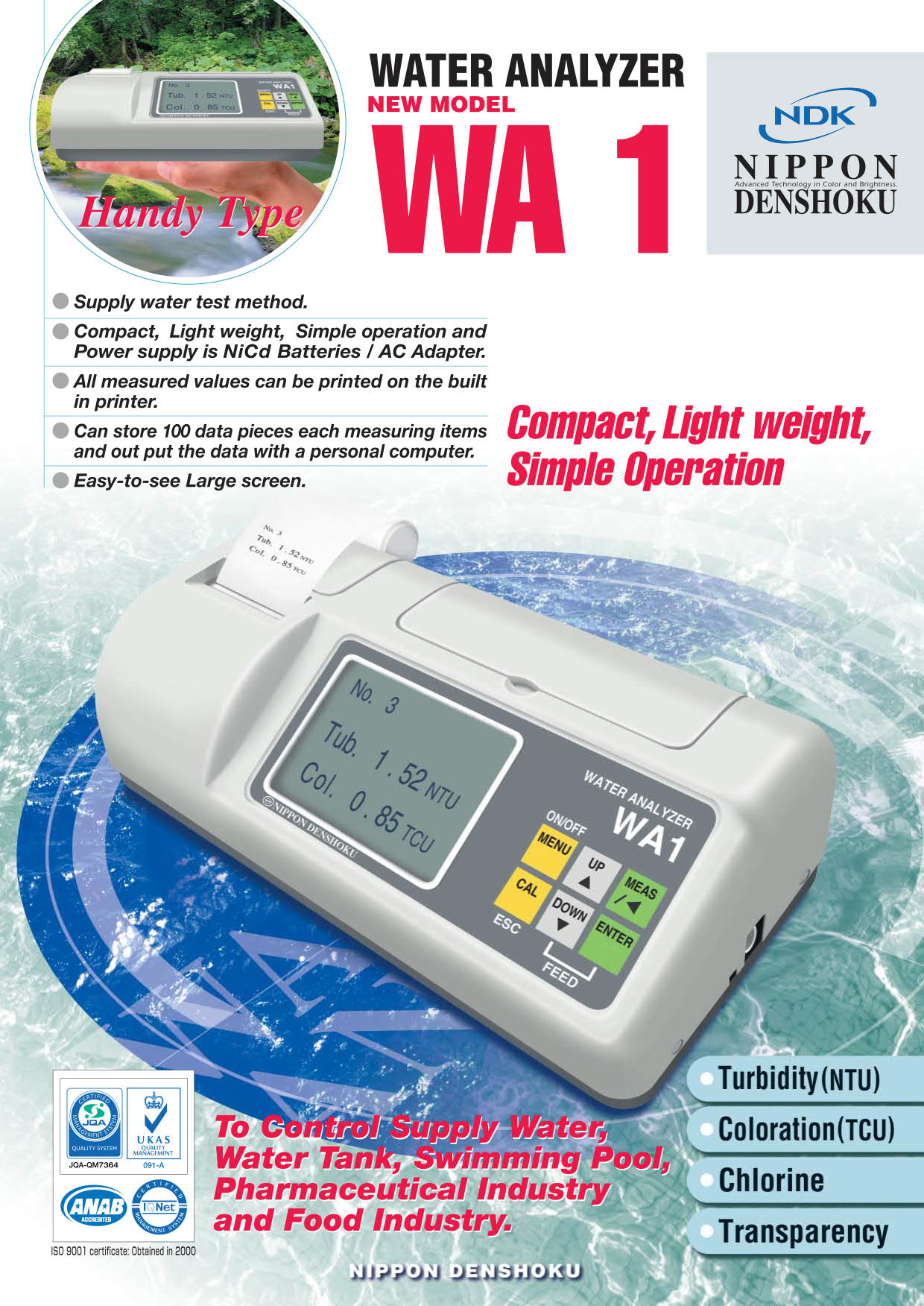 Nippon Denshoku รุ่นWA-1เครื่องวัดค่าความขุ่นของน้ำ,Water Turbidity Meter #WA-1