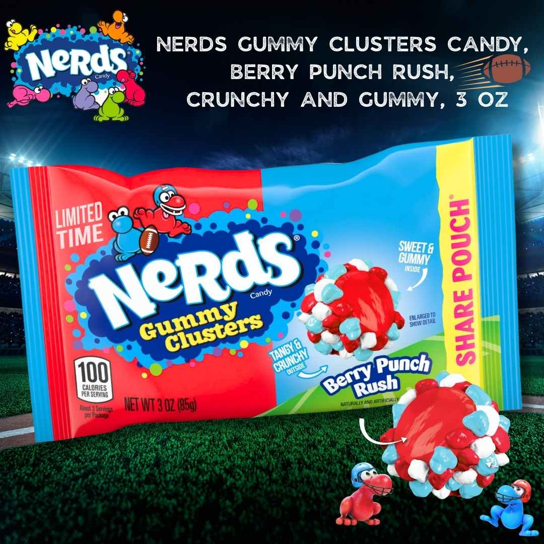 ข้า 🇺🇸 ✨ กัมมี่เคี้ยวสนุก🏈 NERDS Gummy Clusters Candy,Berry Punch Rush, Crunchy and Gummy, 3 oz 🫐 ราคา 99 บาท / ซอง มีค่าส่ง 60 บาท