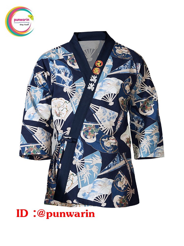 ชุดผ้าฝ้ายซูชิกิโมโนสไตร์ญี่ปุ่น สำหรับห้องอาหารญี่ปุ่นเกาหลี เสื้อพนักงานต้อนรับ สีภาพ S M L XL XXL F6402002 เสื้อตัวเดียว