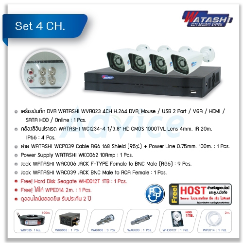 CCTV Set. 4CH. WATASHI#WVR023/WCI234 (Cable Power Line100M)