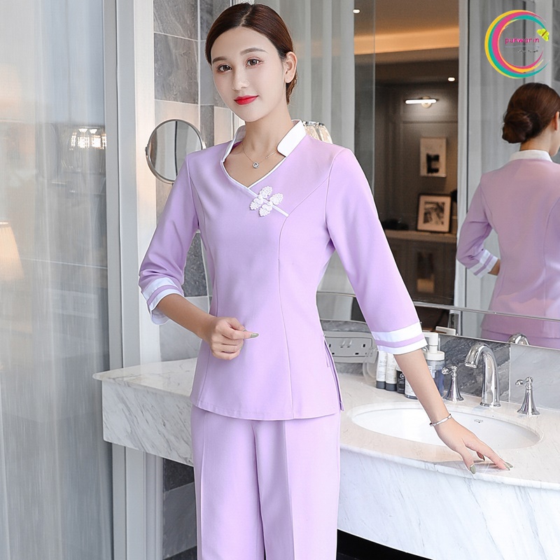 ชุดพนักงานนวดสปา ชุดพนักงานเสริมสวย ชุดทำงาน ชุดสูท อิฐ ม่วง ฟ้า S-3XL SK6411010 ชุด