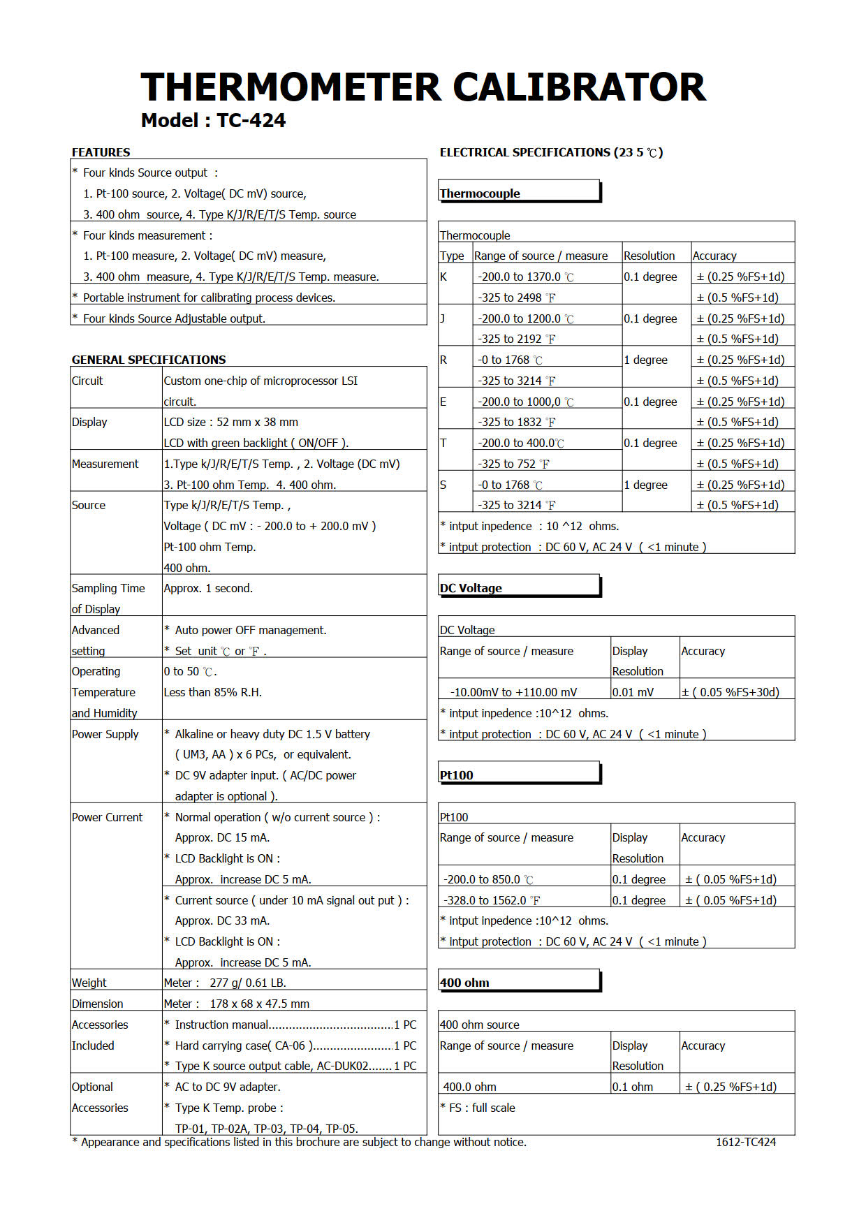 LUTRON รุ่น TC-424 เครื่องวัดอุณหภูมิสอบเทียบ Calibrator Thermometer with Dual Type-K Coupler Cable สำเนา