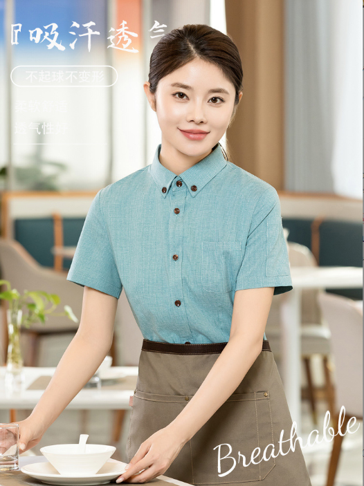 เสื้อฟอร์มพนักงานร้านอาหารกาแฟโรงแรม แขนสั้น เทา เขียว ฟ้า M-5XL F6706002 เสื้อ ** ขั้นต่ำ 2 ตัว