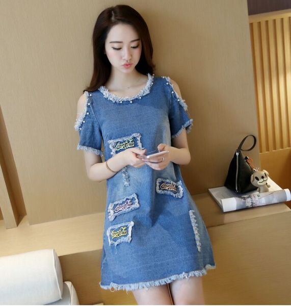 แซกยีนส์กระโปรงสั้น เปิดไหล่ ทำเก่า แนวหวานคอกลมแต่งมุก ยีนส์ M L DW5905004 ชุด