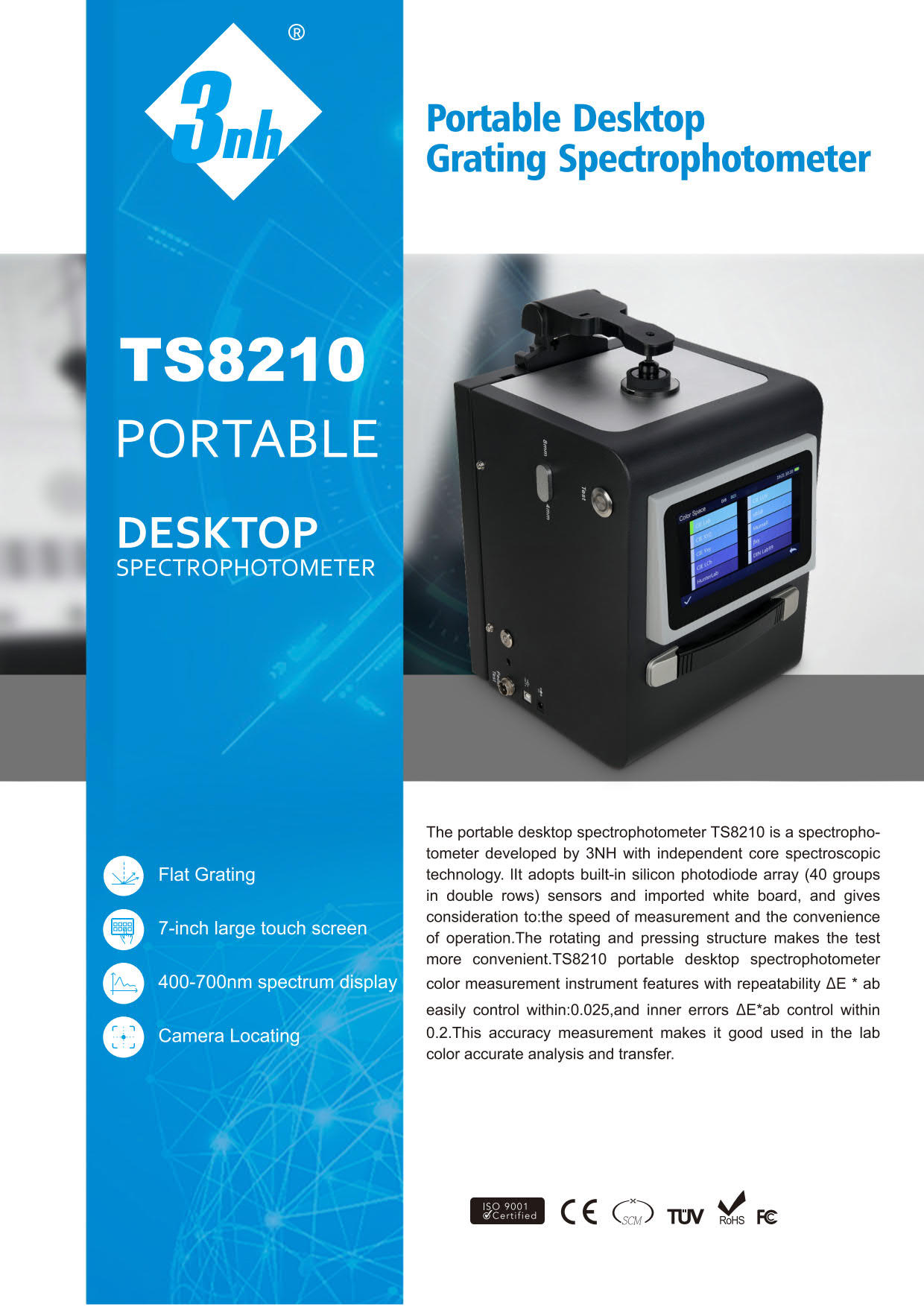 3nh รุ่นTS8210เครื่องสเปกโทรโฟโตมิเตอร์แบบตั้งโต๊ะขนาดกระทัดรัดPortable Desktop Spectrophotometer/Geometry D/8,Wavelength Range:400~700nm