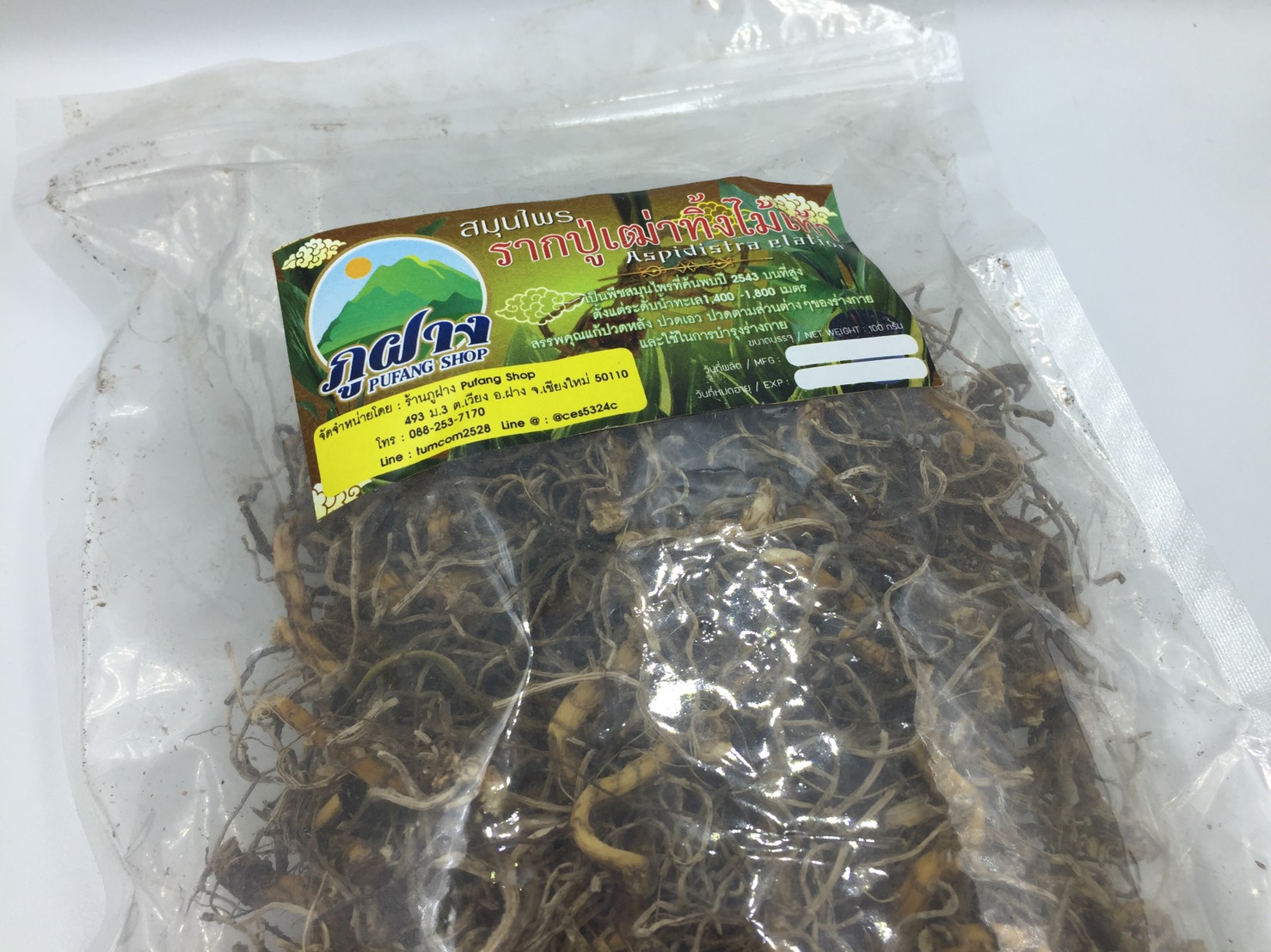 รากปู่เฒ่าทิ้งไม้เท้า น้ำหนัก 100 กรัม (ควรล้างทำความสะอาดก่อนชงดื่ม) แก้ปวดเมื่อย แก้ปวดขา แก้ปวดตามตัว ปู่เฒ่าลืมไม้เท้า (บัวดอย) Aspidistra elatior เป็นพืชสมุนไพรที่ค้นพบปี 2543 บนที่สูงตั้งแต่ ระดับน้ำทะเล 1,400-1,800 เมตร สรรพคุณแก้ปวดหลัง ปวดเอว