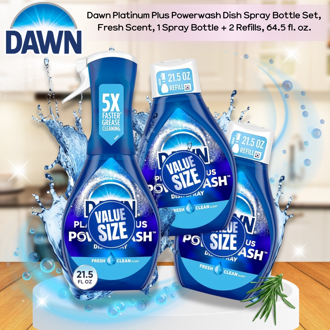 นำเข้า 🇺🇸 👉 ชีวิตง่ายขึ้น 5 เท่า‼️เซทสเปรย์ล้างจาน Dawn Platinum Plus Powerwash กลิ่นหอมสดชื่น 🌿ขวดสเปรย์ 1 ขวด + รีฟิล 2 ขวด ปริมาณ 64.5 ออนซ์ ✨