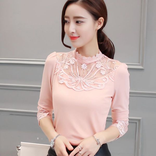 RP5911055 เสื้อลูกไม้เกาหลีสวยหวาน คอสูงแขนยาว ซับใน บวกและไม่บวกกำมะหยี่(พรีออเดอร์) RP5911055 ตัว