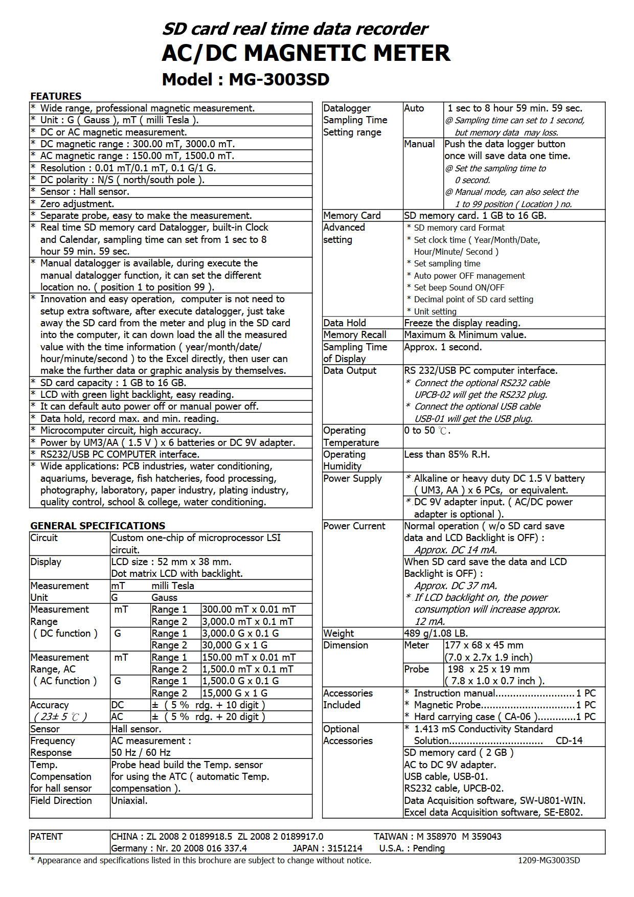 Lutron รุ่น MG-3003SD เครื่องวัดและบันทึกค่าข้อมูลความแรงแม่เหล็ก,Magnetic Meter with Data Logging,SD Card real time recorder