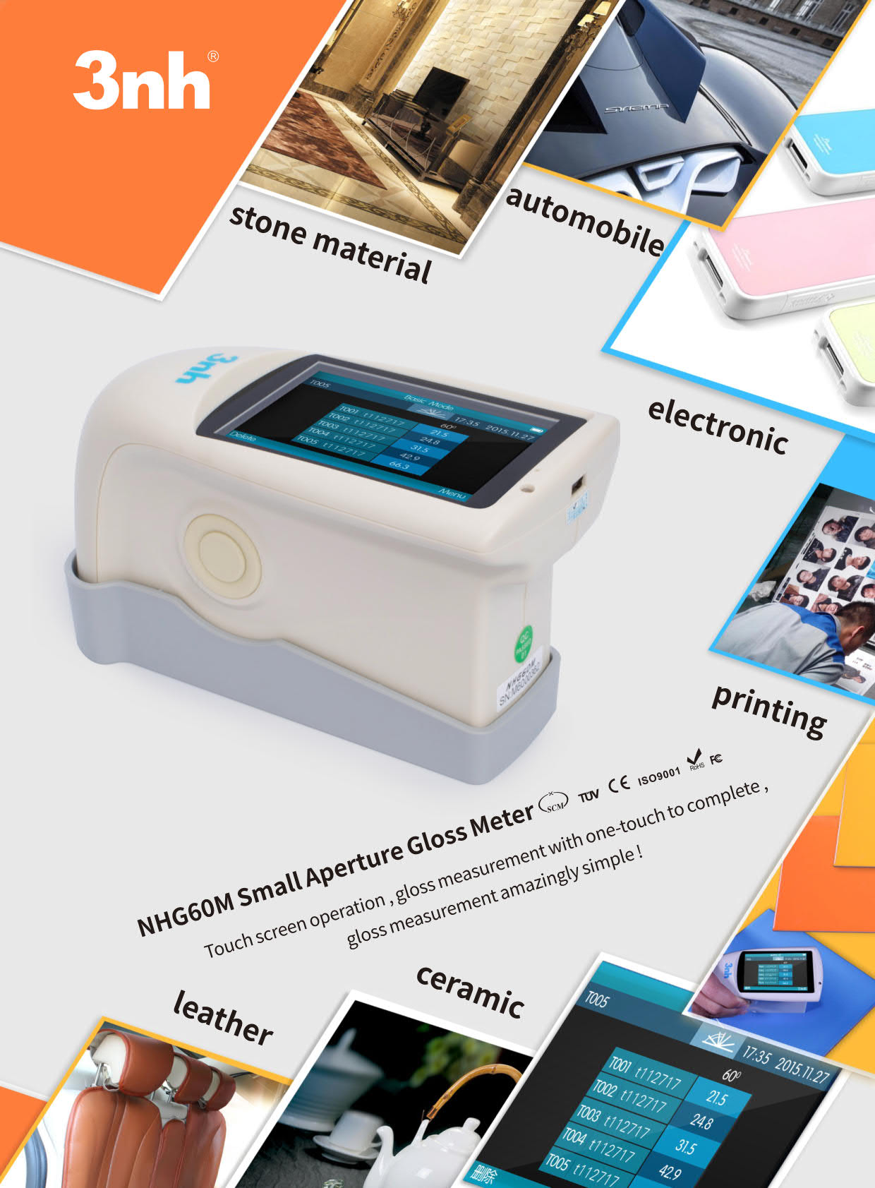 3nh รุ่นNHG-60Mเครื่องวัดความเงามุม60องศาแบบดิจิตอล,Small Aperture Gloss Meter,Angle60°,Meas.range:0~1000GU