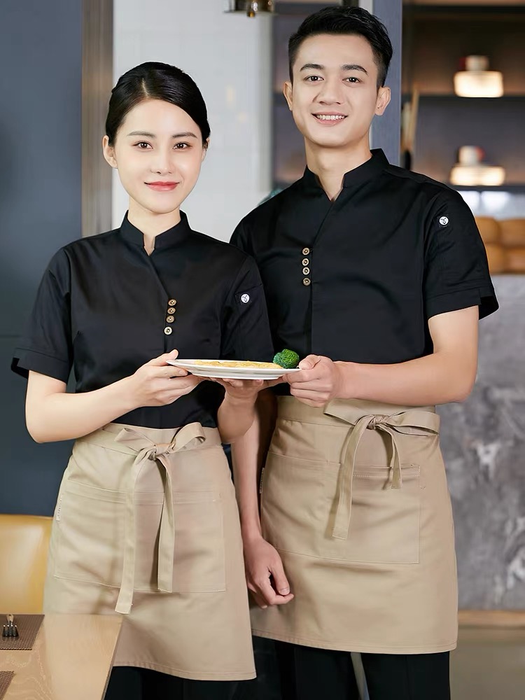 เสื้อฟอร์มพนักงานร้านอาหารกาแฟโรงแรม แขนสั้น ดำ แดง เบจ S-4XL F6809001 เสื้อ+เปื้อน* ขั้นต่ำ 2 ตัว