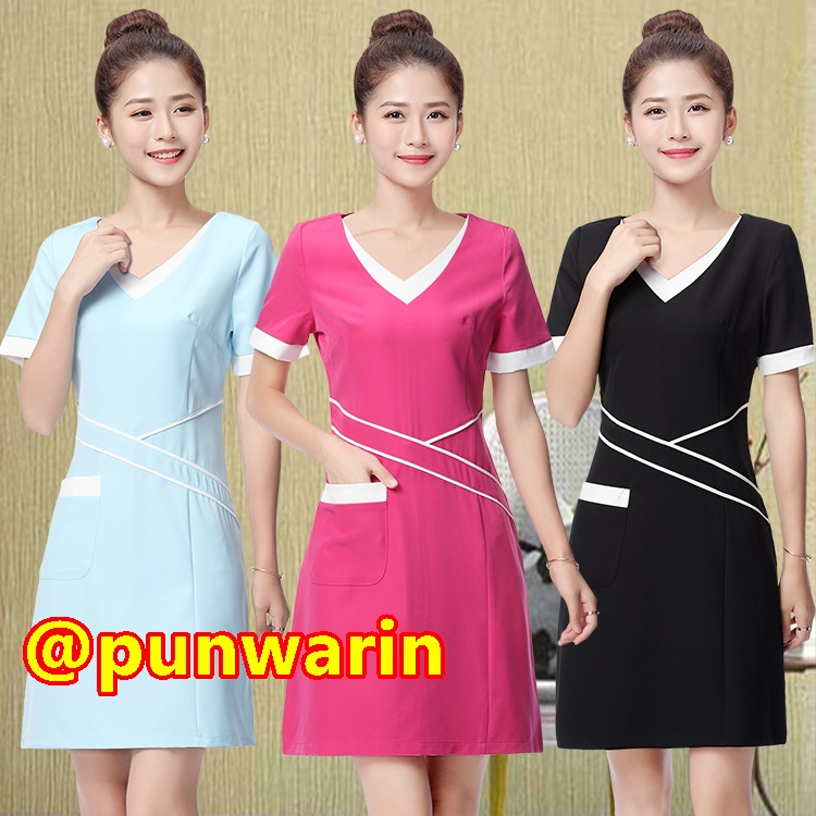ชุดพนักงานนวดสปา ชุดพนักงานเสริมสวย ชุดทำงาน ชุดสูท ฟ้า ชมพูสด ดำ S-3XL S6112002 ชุด