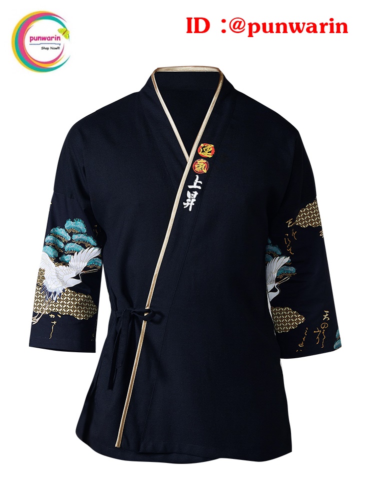 ชุดผ้าฝ้ายซูชิกิโมโนสไตร์ญี่ปุ่น สำหรับห้องอาหารญี่ปุ่นเกาหลี เสื้อพนักงานต้อนรับ สีภาพ S M L XL XXL F6402003 เสื้อตัวเดียว