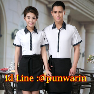 เสื้อพนักงานต้อนรับพนักงานเสริฟเสื้อพนักงานโรงแรมนรีสอร์ทเสื้อเชิ๊ตคอปกแขนสั้น ขาว ดำ แดง เขียว M-3XL F6308003 เสื้อ+เปื้อน