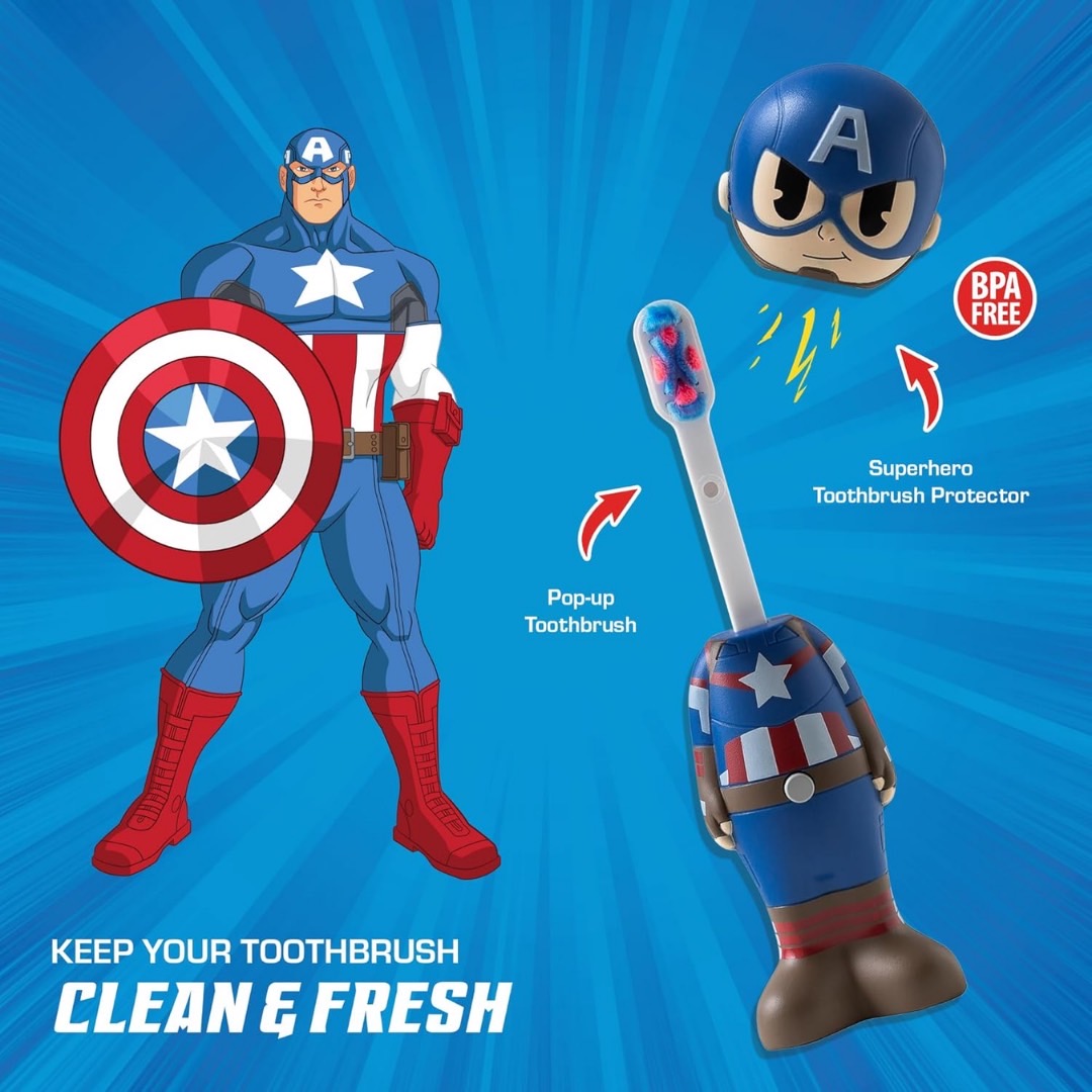 นำเข้า 🇺🇸 ✨แปรงฟันให้สนุกสนานด้วยแปรงสีฟัน Brush Buddies รุ่น Marvel Captain America Poppin’ขนนุ่มพิเศษ ราคา 690 บาท