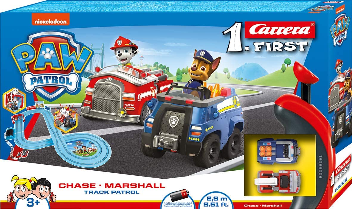 แทร็คแข่งรถสล็อต รีโมทบังคับ Carrera First Paw Patrol - Slot Car Race Track - Includes 2 Cars: Chase and Marshall