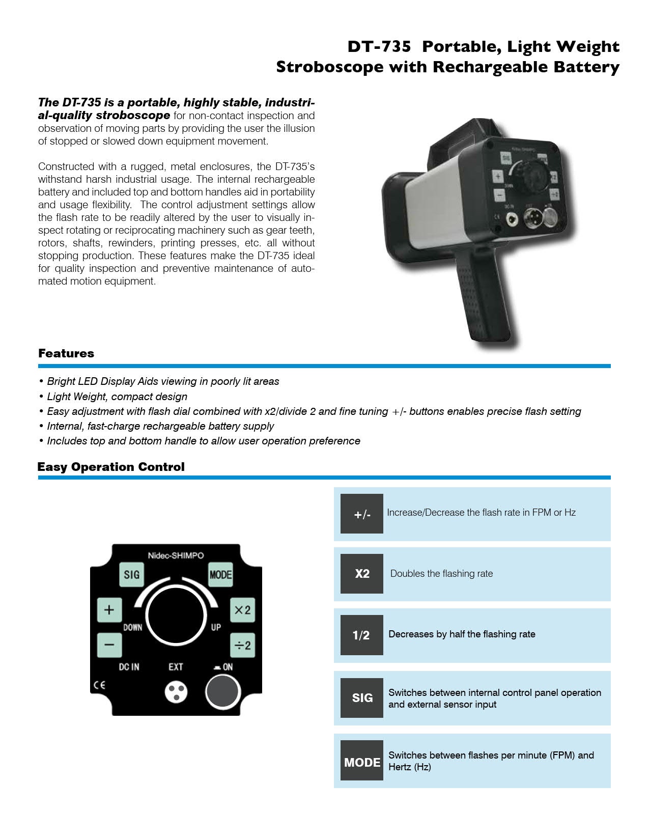 NidecSHIMPO รุ่นDT-735เครื่องวัดความเร็วรอบแบบดิจิตอล,Portable Stroboscope with Rechargeable Battery,Flashing range:60~12,000 FPM